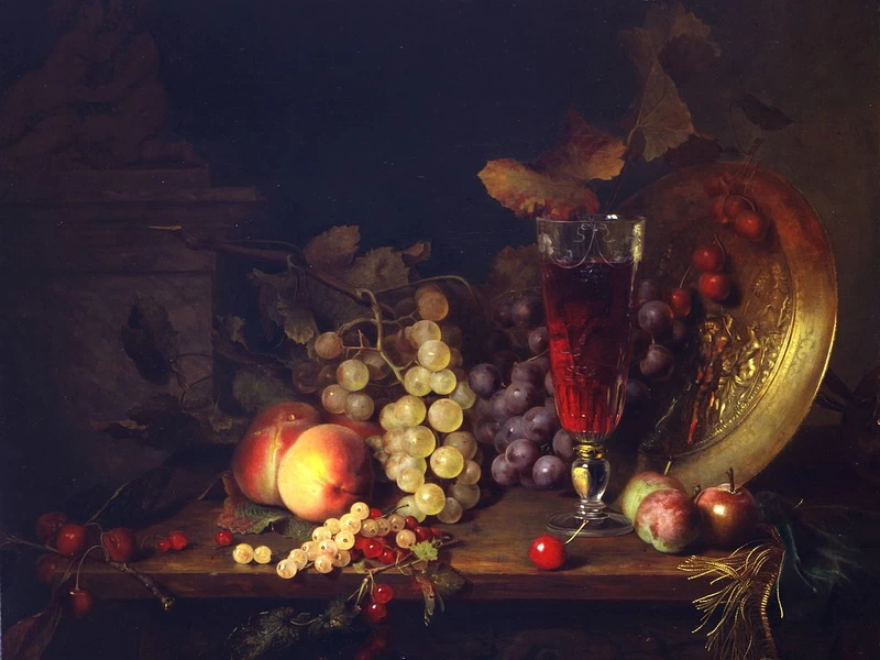 1830-Blaise Alexandre Desgoffe - Natura morta con frutta, bicchiere di vino, 1863